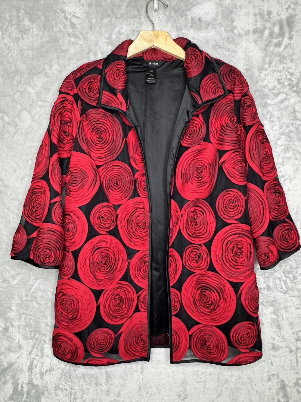 Ali Miles Jacket Womens Large Red Floral Mesh Embroidered 3/4 Sleeve Open Front